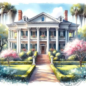 Southern Mansion in Spring Time Clipart 13 JPG Vintage Clip Art Mansion Images Downloadable Printable Wall Art Junk Journal