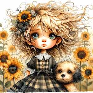 Cute Farm Girl with Her Dog in a Field of Sunflowers Clipart 13 JPGs Watercolor Clip Art Quirky Girl Images Digital Download Printable