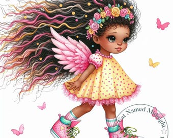 Imágenes prediseñadas de ángeles de niñas afroamericanas extravagantes, 11 imágenes prediseñadas de acuarela caprichosas en formato JPG de alta calidad, paquete de arte para guardería, descarga digital