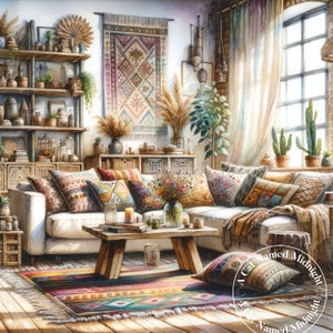 Boho Living Room Clipart 10 JPG Images Bohemian House Clip Art Watercolor Clipart Bundle Digital Download Printable Wall Art Junk Journal
