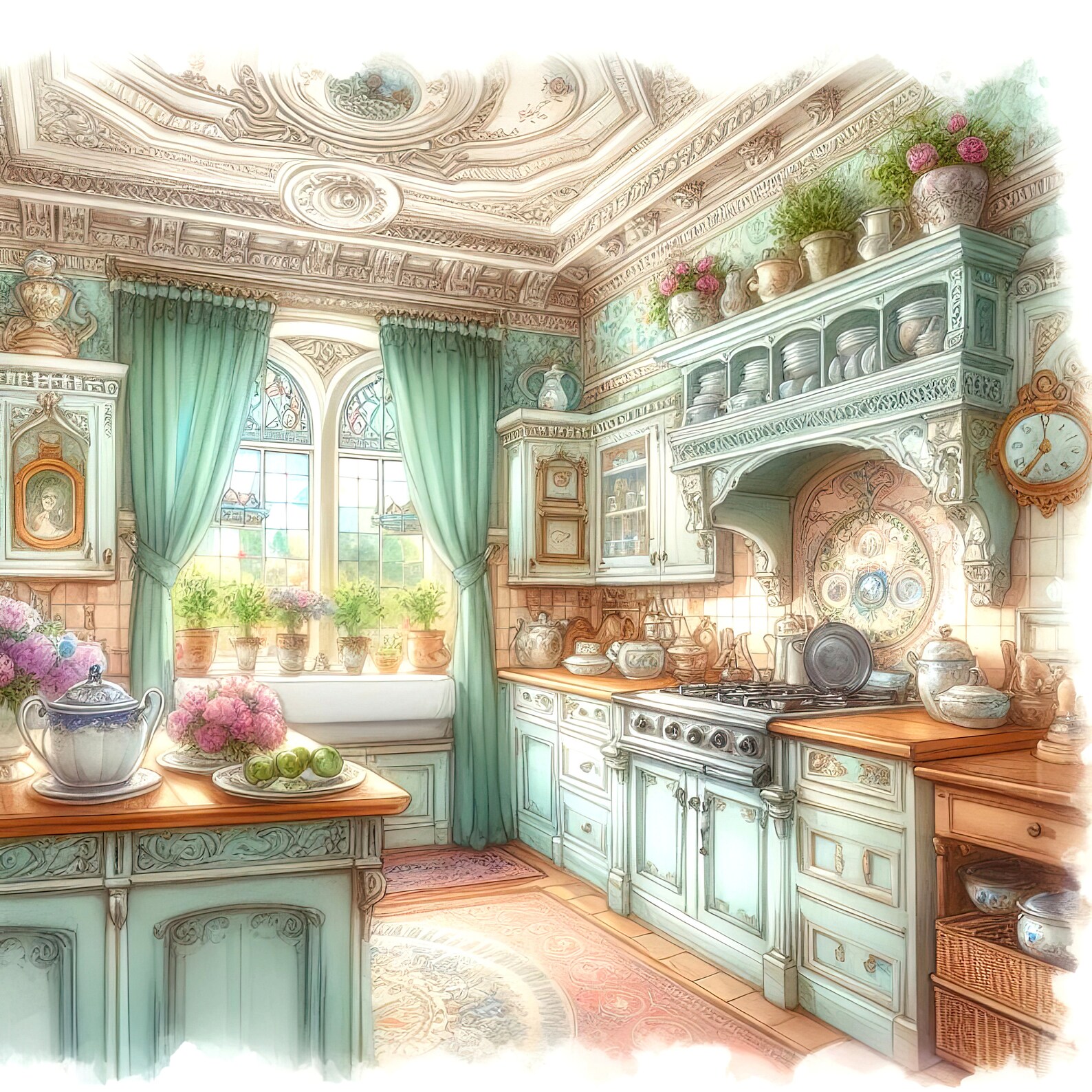 Watercolor Shabby Chic Victorian Kitchen Clipart Kitchen Vintage Clip ...