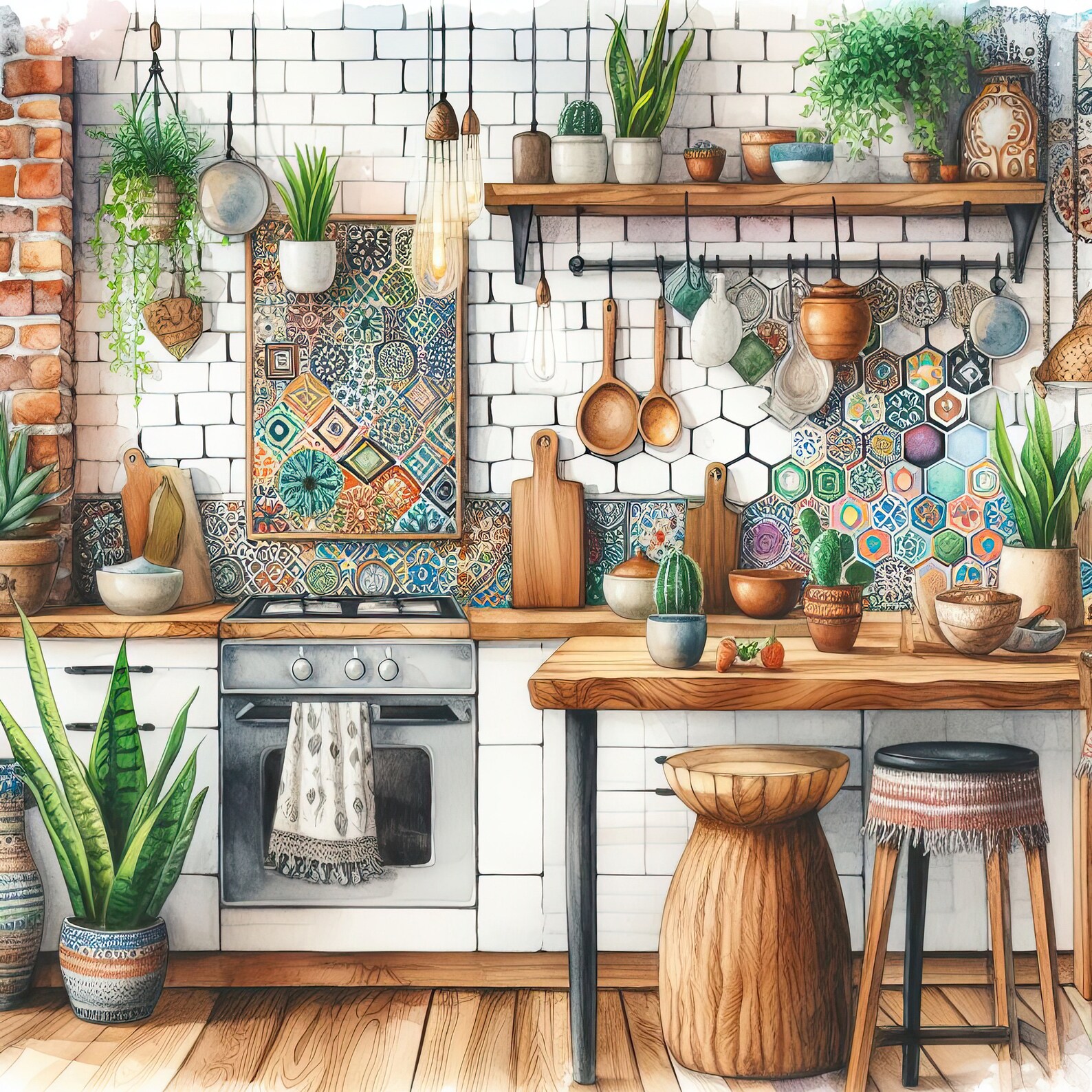 kitchen wall prints, boho kitchen prints, dining room... Watercolor Boho Kitchen Clipart Kitchen Vintage Clip Art Watercolor ...