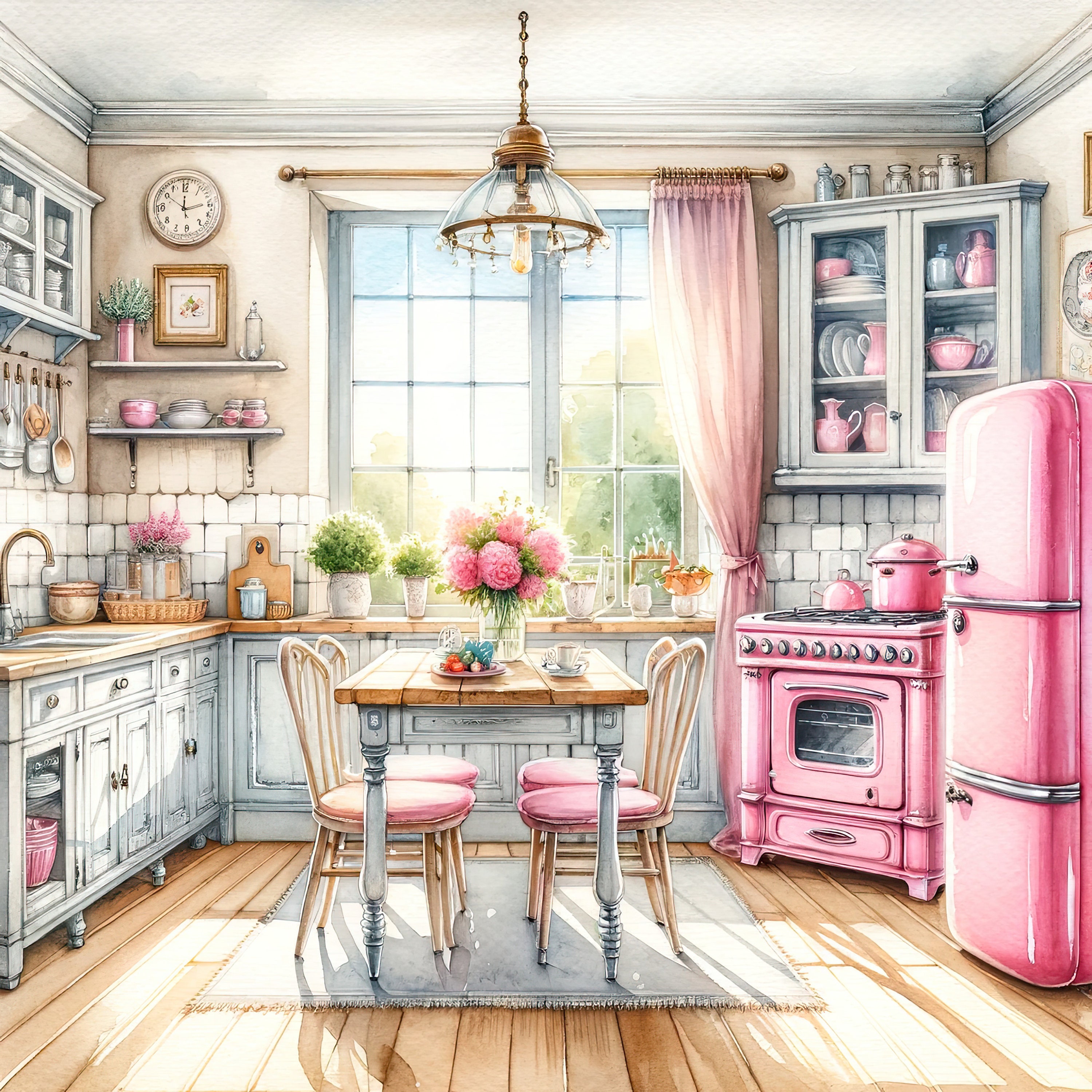 Watercolor Shabby Chic Retro Kitchen Clipart Pink Kitchen Vintage Clip ...