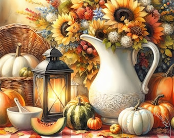 May include: A still life arrangement featuring a white pitcher filled with sunflowers and other fall foliage. A lit lantern, pumpkins, gourds, and a basket are arranged on a red and white checkered tablecloth, creating a warm autumn scene.