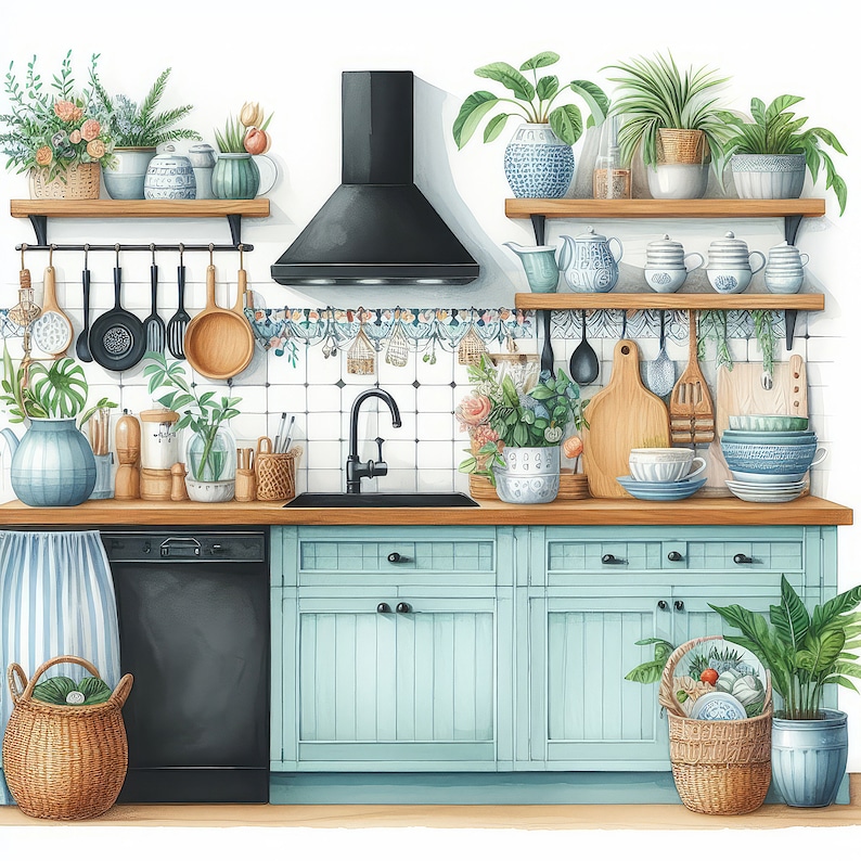 May include: A light blue kitchen with white tiled splashback, a black range hood, and a stainless steel dishwasher. The kitchen features a wooden worktop with a variety of kitchenware, including pots, pans, and dishes. There are also plants and flowers throughout the kitchen.