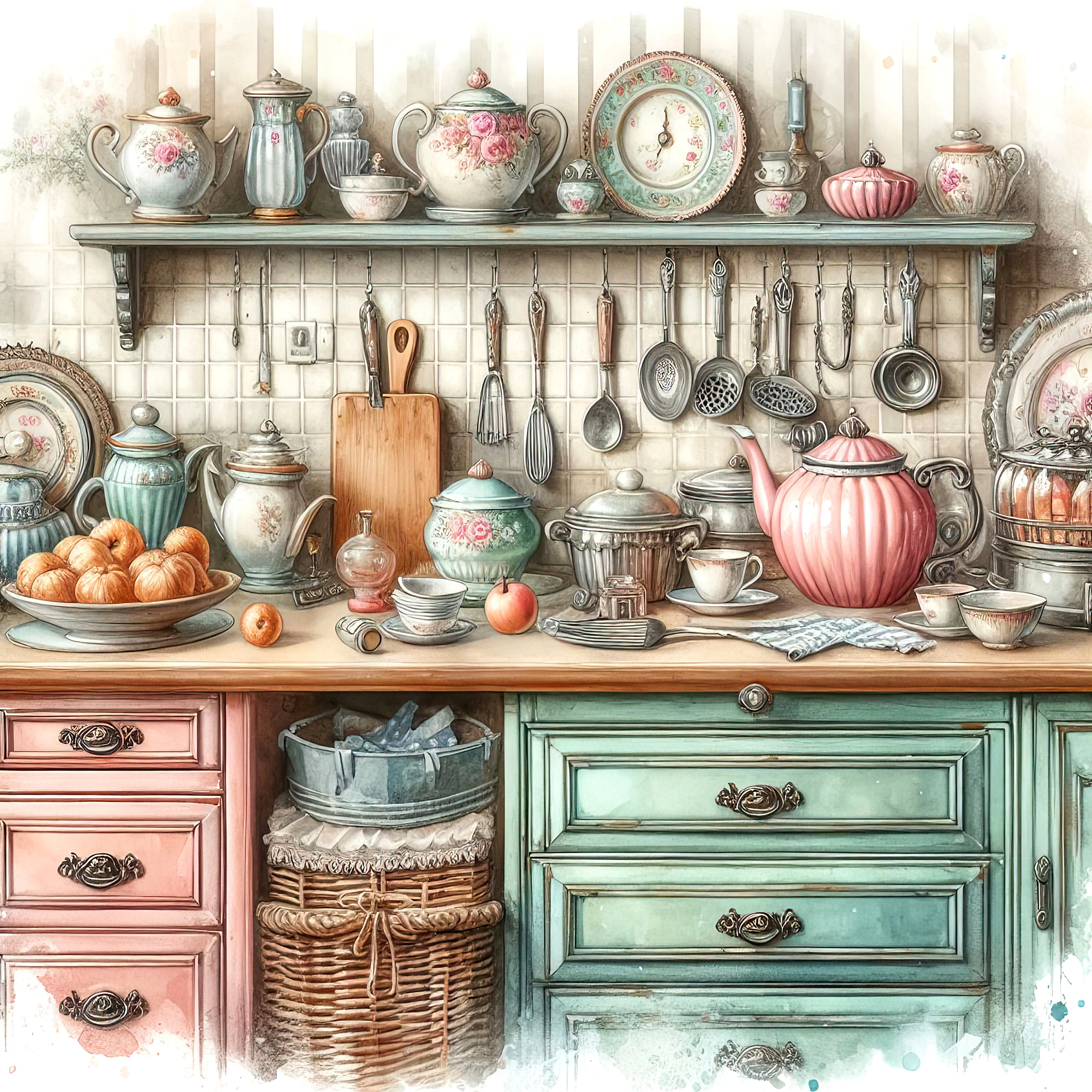 Watercolor Shabby Chic Kitchen Clipart Cottage Kitchen Counters Vintage ...