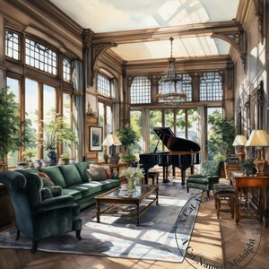 Könnte beinhalten: Ein sonnendurchflutetes Wohnzimmer mit einem Flügel, grünen Samtmöbeln und einem großen Kronleuchter. Der Raum hat große Fenster mit Blick auf Bäume und einen Garten.