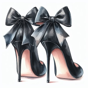 Könnte beinhalten: Ein Paar schwarze High-Heel-Schuhe mit großen schwarzen Satin-Schleifen auf der Oberseite jedes Schuhs.