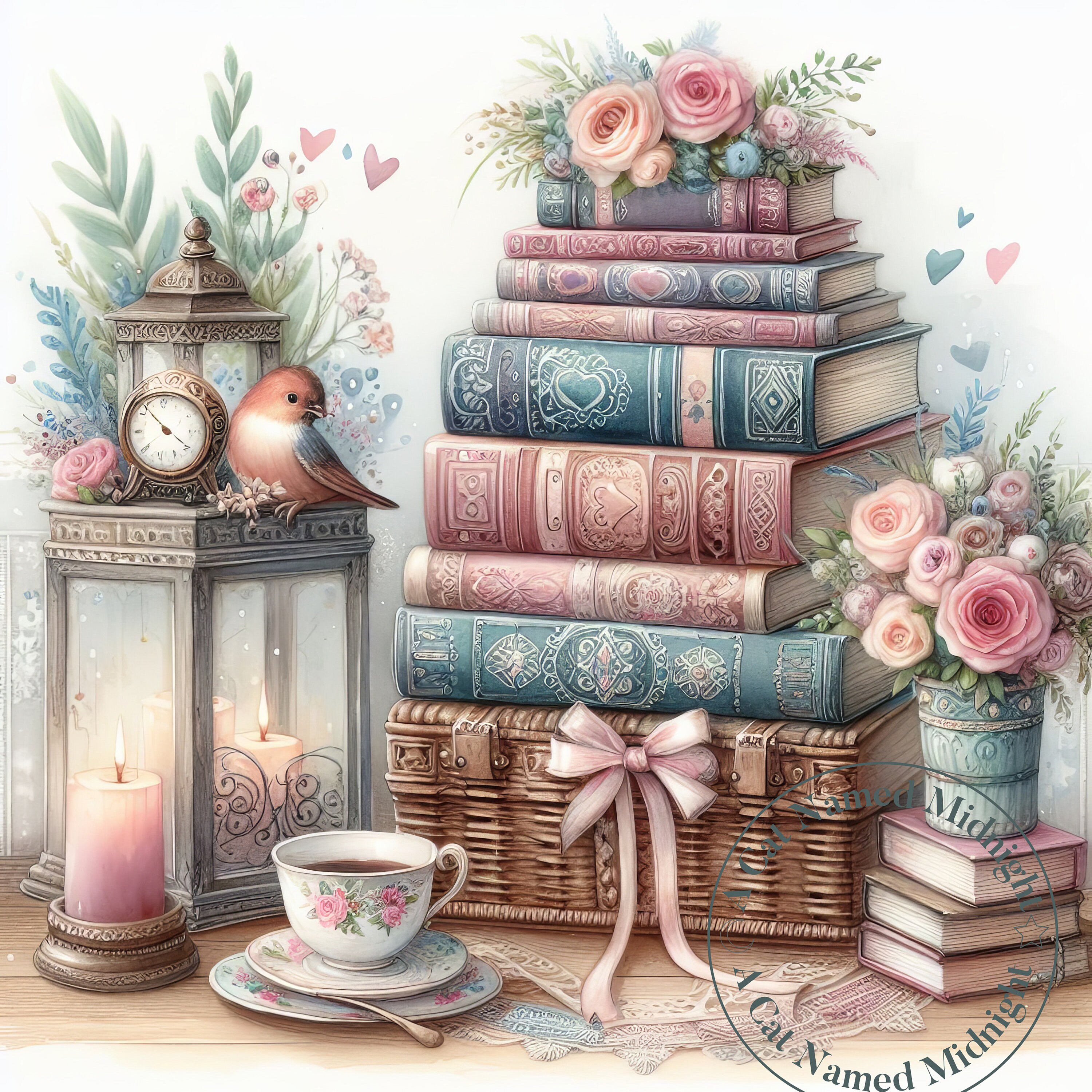 Shabby Chic Books Clipart 10 Images Watercolor Book Lover Clip Art ...