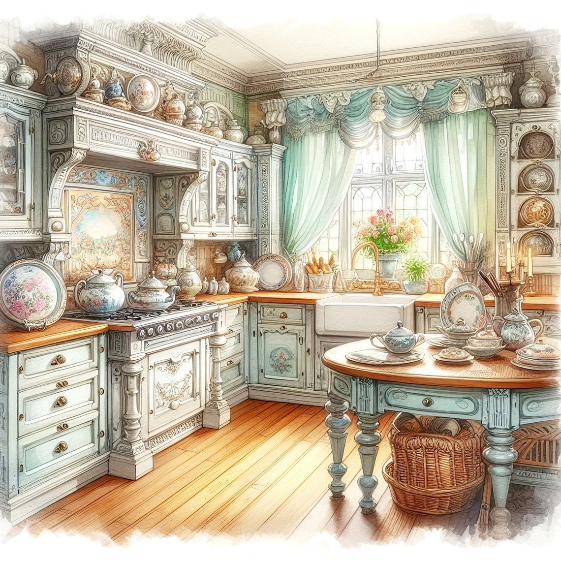 Watercolor Shabby Chic Victorian Kitchen Clipart Kitchen Vintage Clip ...