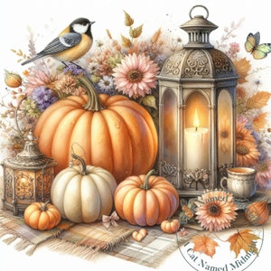 May include: A watercolor illustration featuring pumpkins, flowers, and lanterns. A large orange pumpkin is the focal point, surrounded by smaller pumpkins in orange and white. A bird perches above the pumpkin, and a lit candle is inside a decorative lantern. A butterfly and a cup of tea complete the autumn scene.