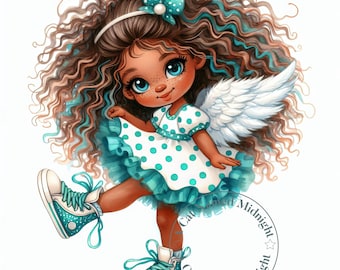 Imágenes prediseñadas de ángeles de niña peculiares, 9 imágenes prediseñadas de acuarela de niña negra de alta calidad, paquete de arte infantil, descarga digital, imprimible, niña divertida