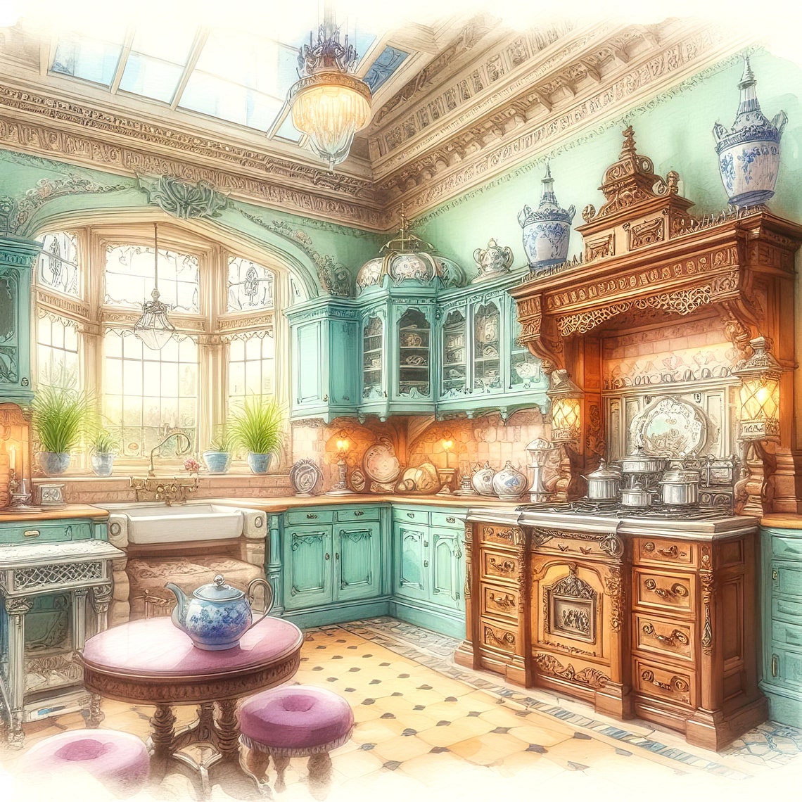 Watercolor Shabby Chic Victorian Kitchen Clipart Kitchen Vintage Clip ...