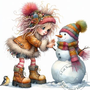 Quirky Girl and Her Snowman Clipart 10 Whimsical Watercolor Clipart Christmas Images Nursery Art Bundle Digital Download Printable Wall Art