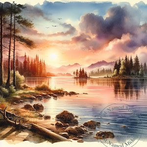 14 Watercolor Painting Lake and Forest Landscape Clipart Bundle Clip Art Downloadable Printable Wall Art Junk Journal