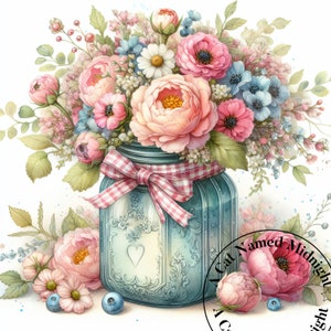May include: A bouquet of pink, white, and blue flowers in a vintage blue glass jar with a red and white gingham ribbon. The jar has a heart-shaped design on the front.