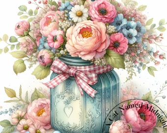 10 Mason Jar Flowers Clipart Shabby Chic Floral Watercolor Vintage Clip Art Bouquet Clipart Bundle Digital Download Printable Images