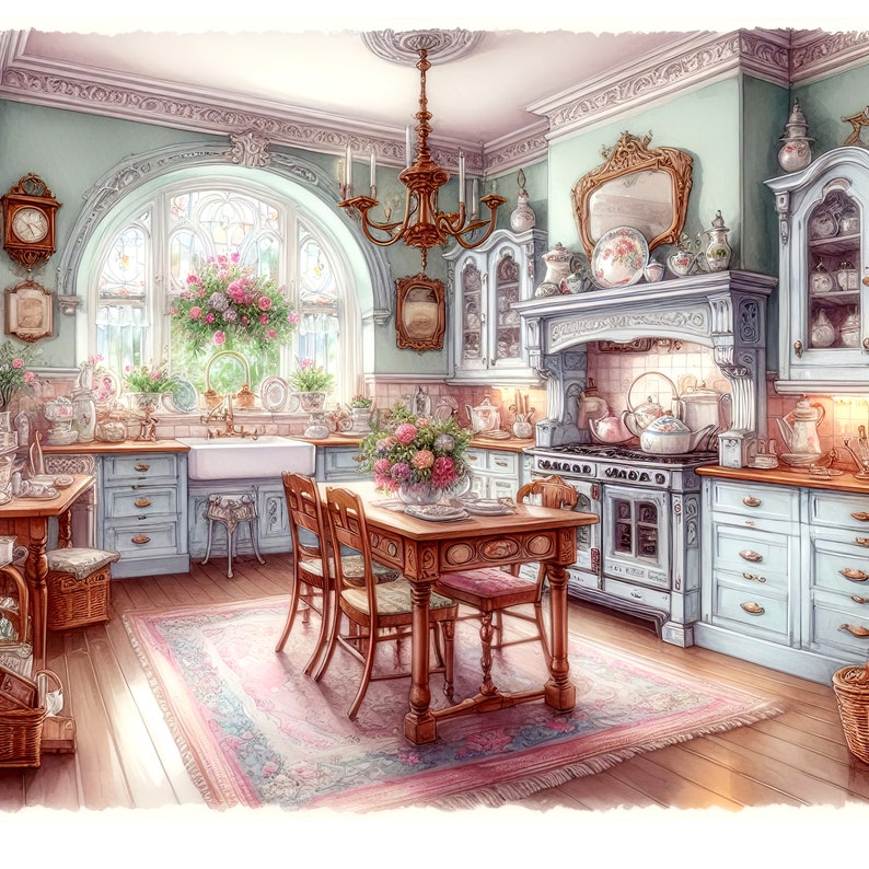 Watercolor Shabby Chic Victorian Kitchen Clipart Kitchen Vintage Clip ...