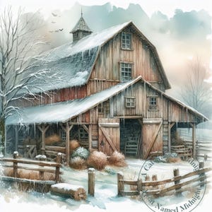 May include: A snowy winter scene with a rustic wooden barn. The barn has a red roof and a large wooden door. The barn is surrounded by a wooden fence and snow-covered ground. The text "A Cabin Named Midnight" is visible in the lower right corner of the image.