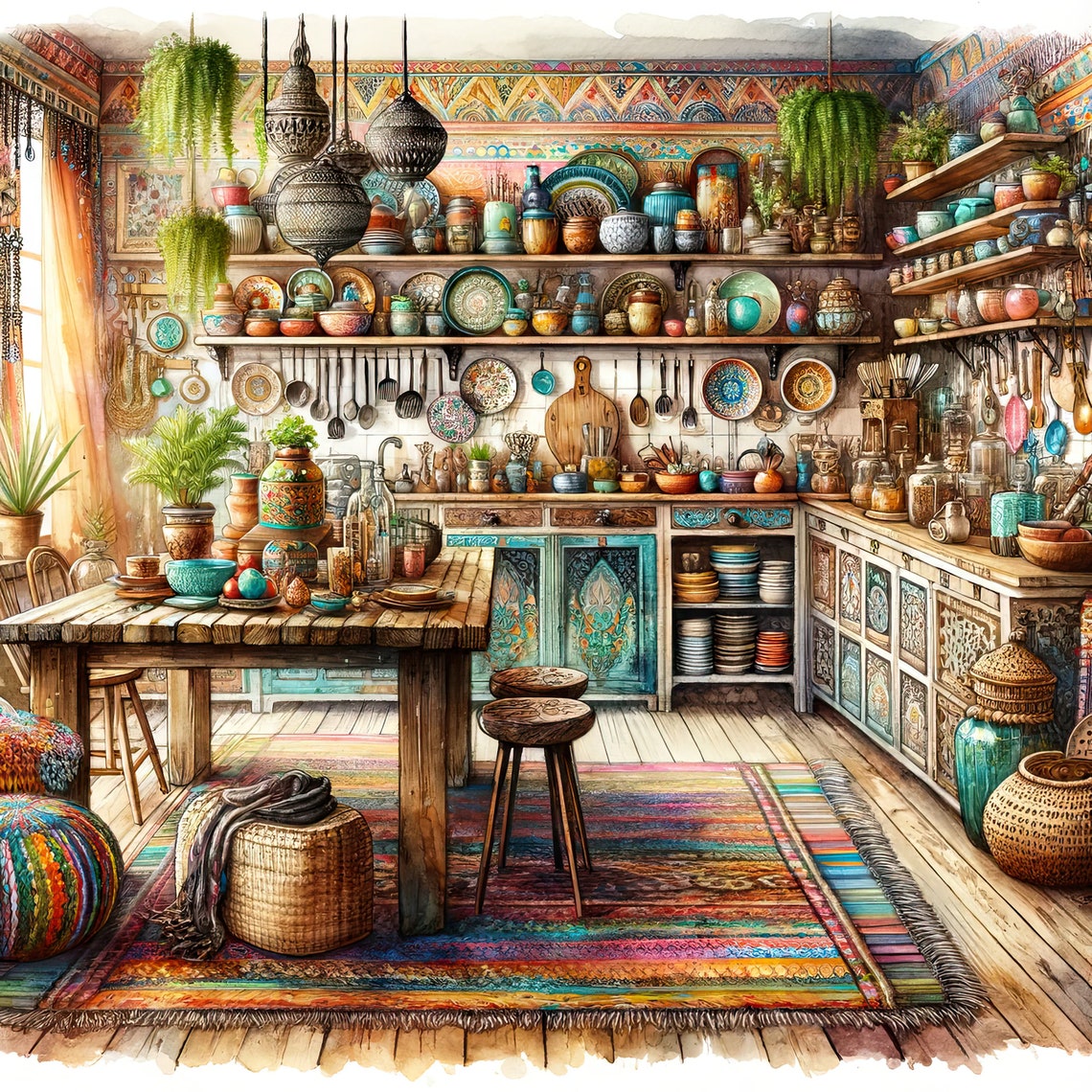 Watercolor Boho Kitchen Clipart Kitchen Vintage Clip Art Watercolor ...