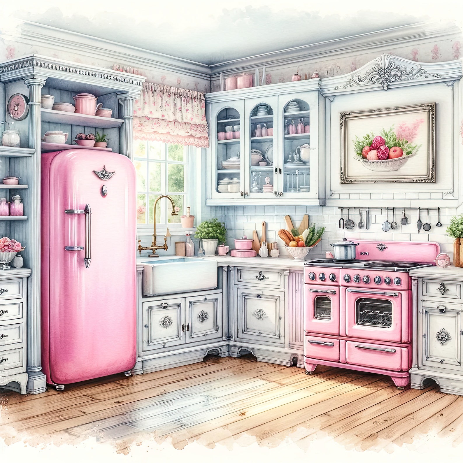 Watercolor Shabby Chic Retro Kitchen Clipart Pink Kitchen Vintage Clip ...