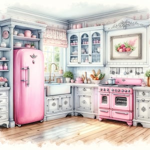 May include: A vintage-style kitchen with white cabinets, a pink refrigerator, and a pink stove. The kitchen has a white tiled backsplash and a white farmhouse sink. There is a framed picture on the wall above the stove.