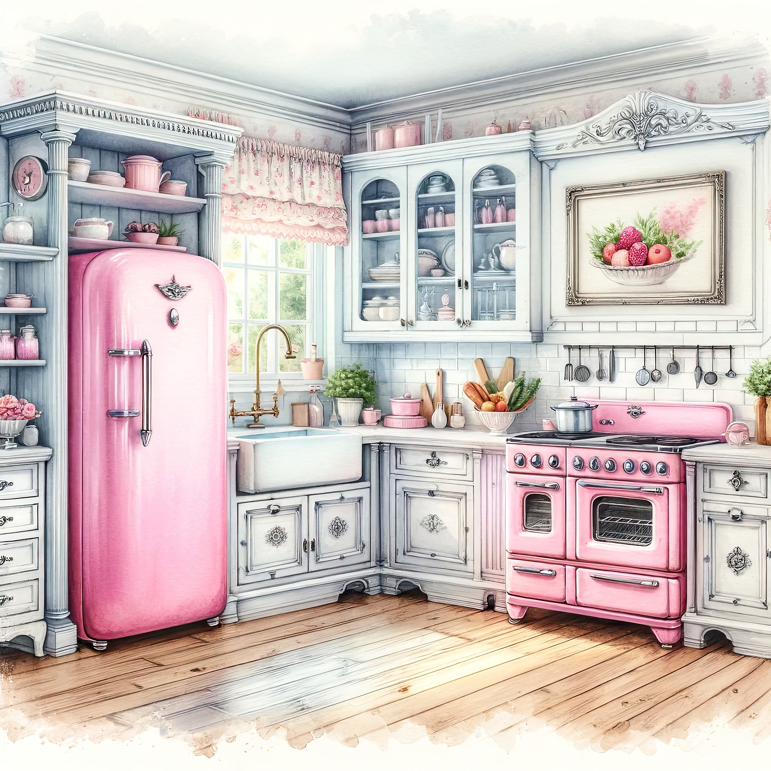 Watercolor Shabby Chic Retro Kitchen Clipart Pink Kitchen Vintage Clip ...