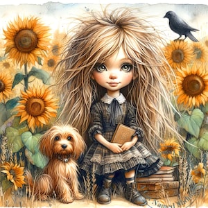Cute Girl with Her Dog in a Field of Sunflowers Clipart 11 JPGs Watercolor Clipart Quirky Girl Images Digital Download Printable