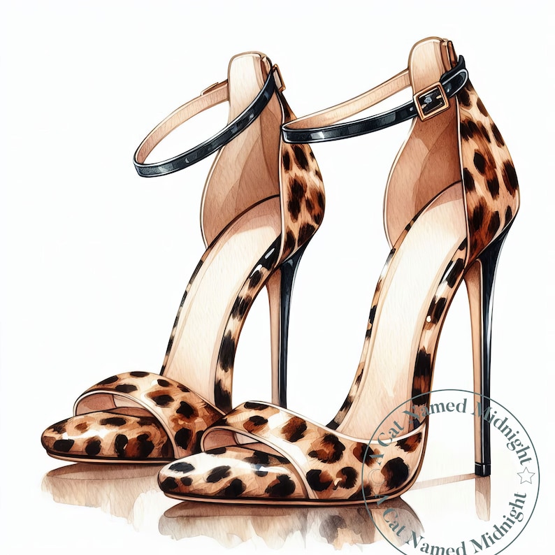 May include: A pair of high-heeled sandals with a leopard print design. The sandals have a black ankle strap and a thin stiletto heel.