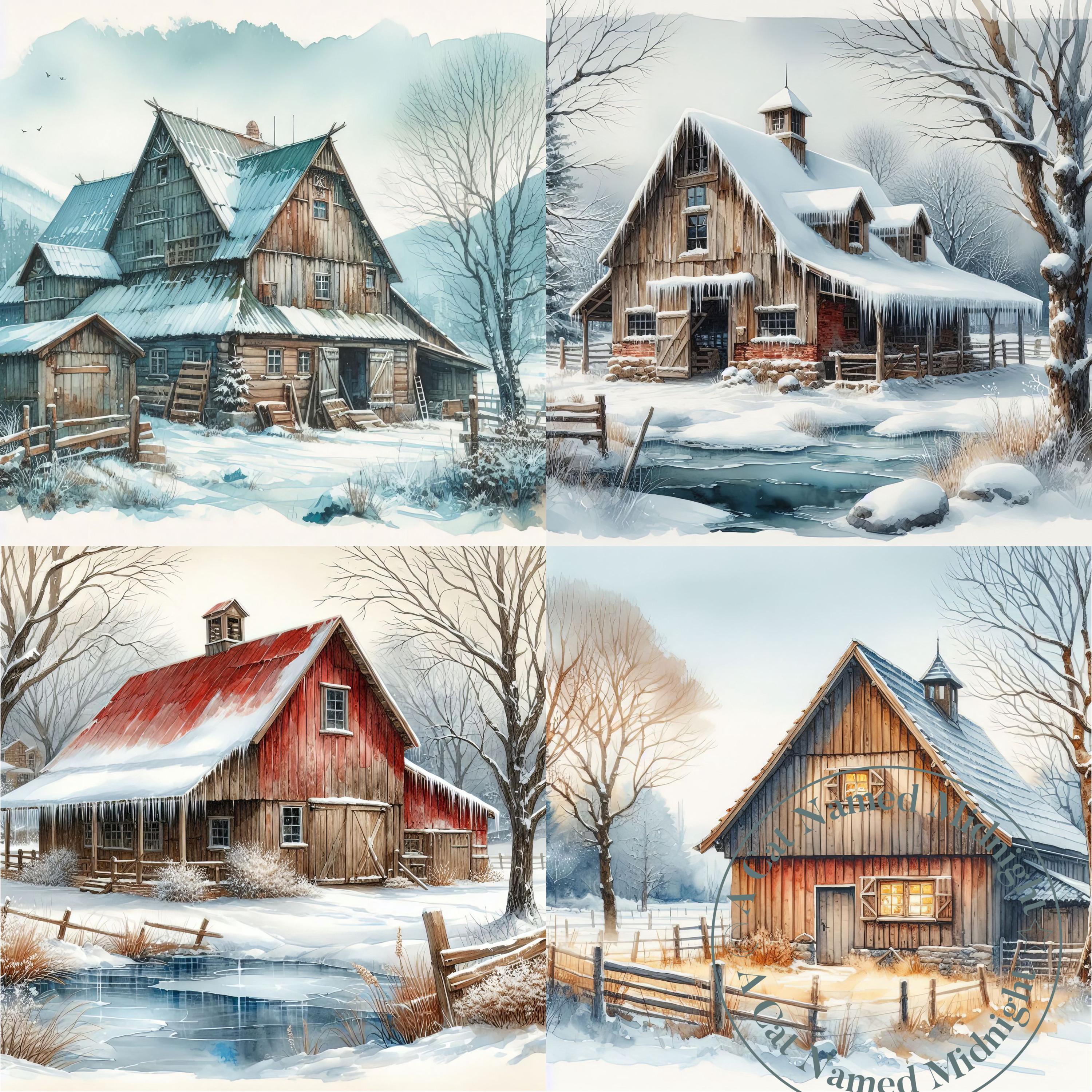 Old Rustic Barn in Winter Clipart 11 JPG Bundle Vintage Clip Art Barn ...