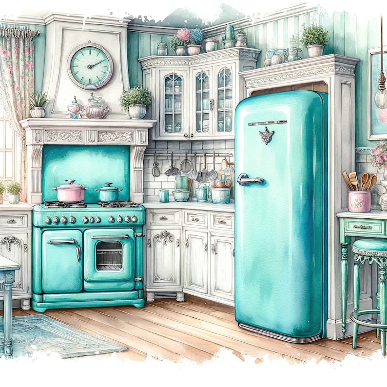 Watercolor Kitchen Clipart Turquoise Shabby Chic Kitchen Vintage Clip ...
