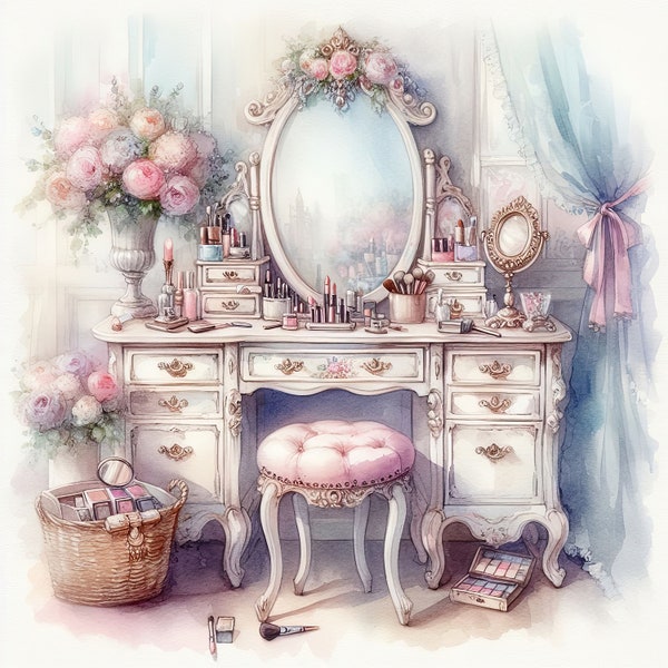 Watercolor Shabby Chic Vanity Dressing Table Clipart Vintage Clip Art Watercolor Clipart Bundle Digital Download Printable Wall Art