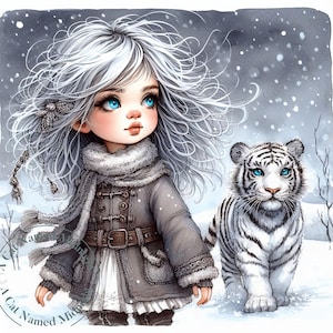 11 Snow Princess and her White Tiger Clipart Whimsical Watercolor Clip Art Winter Girl Images Quirky Girl Nursery Digital Download