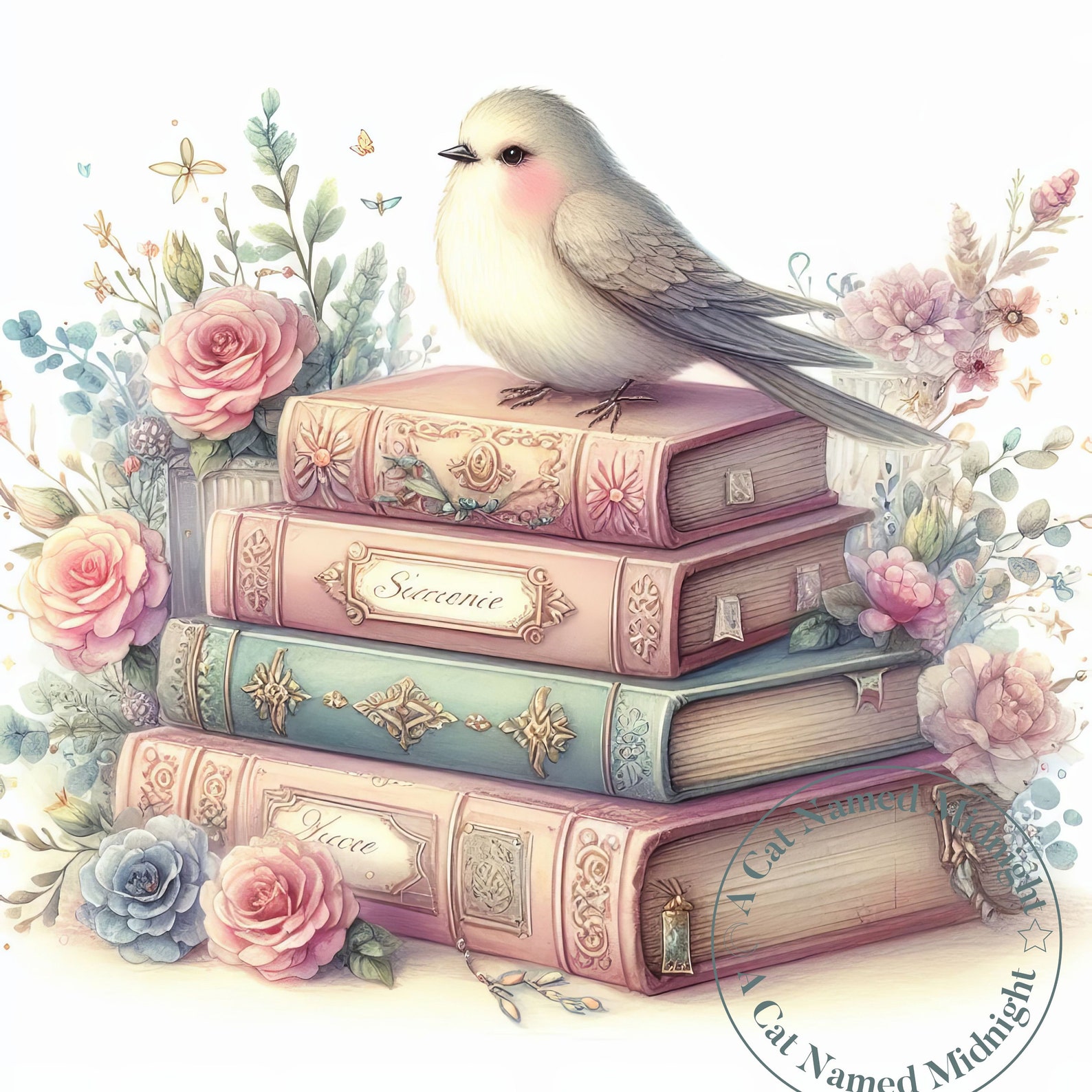 10 Shabby Chic Books and Birds Clipart Images Watercolor Book Lover ...