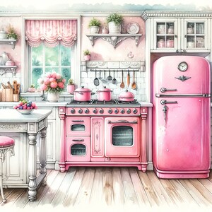 May include: A pink kitchen with a pink refrigerator, a pink stove, and a pink countertop. The stove has a double oven and a decorative design. There are pots and pans on the stovetop. There are flowers on the countertop.