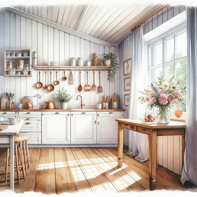 May include: A white kitchen with white cabinets, wooden worktops, and a window with a view of a garden. There are copper pots hanging from the ceiling and a bouquet of flowers on a wooden table.