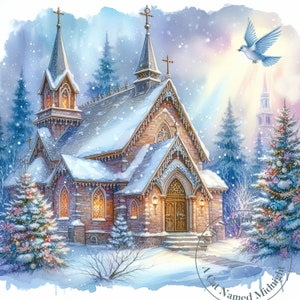Igreja no inverno Clipart Bundle 10 aquarela vintage clip art cartão de natal igreja imagens para download lixo diário scrapbook neve natal