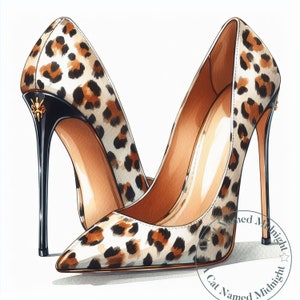 May include: A pair of high-heeled shoes with a leopard print design. The shoes have a black stiletto heel and a pointed toe.