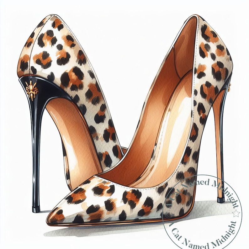 May include: A pair of high-heeled shoes with a leopard print design. The shoes have a black stiletto heel and a pointed toe.