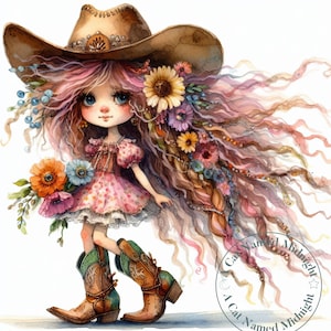 Quirky Girl Cowgirl Clipart 13 JPG Whimsical Watercolor Clipart Cow Girl Images Girl's Room Art Bundle Digital Download Printable Wall Art