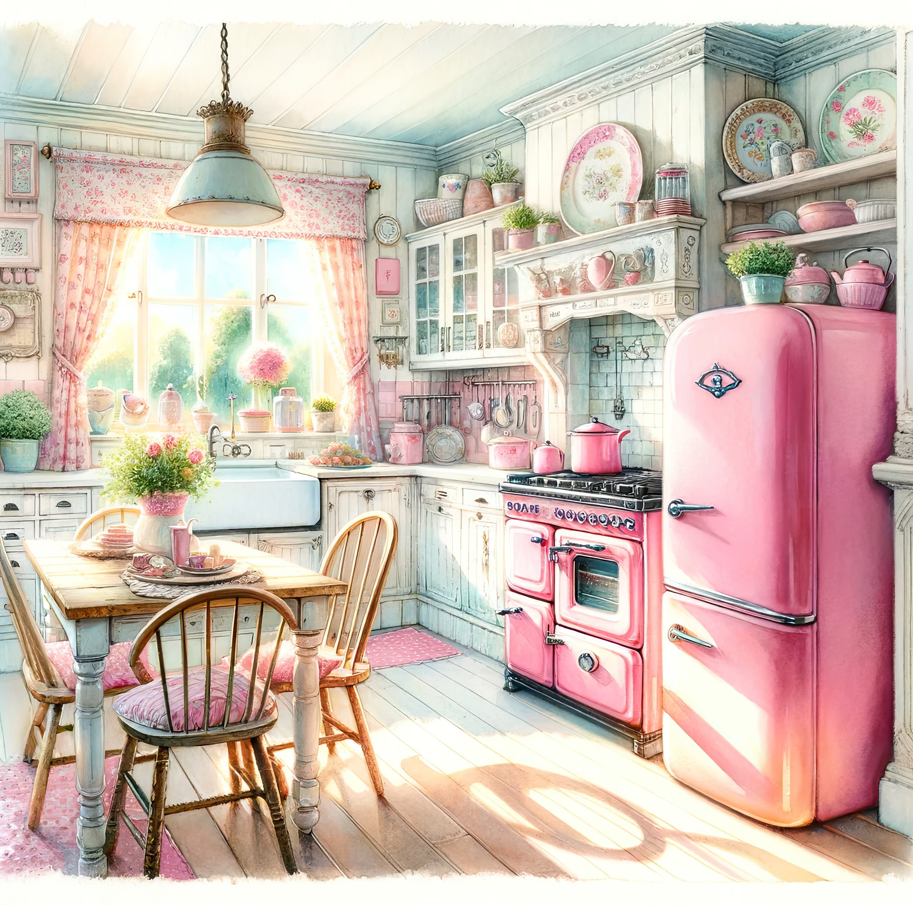 Watercolor Shabby Chic Retro Kitchen Clipart Pink Kitchen Vintage Clip ...