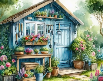 Watercolor Garden Shed Clipart Bundle Vintage Clip Art Shabby Chic Images Gardening Downloadable Printable Wall Art Junk Journal Scrapbook