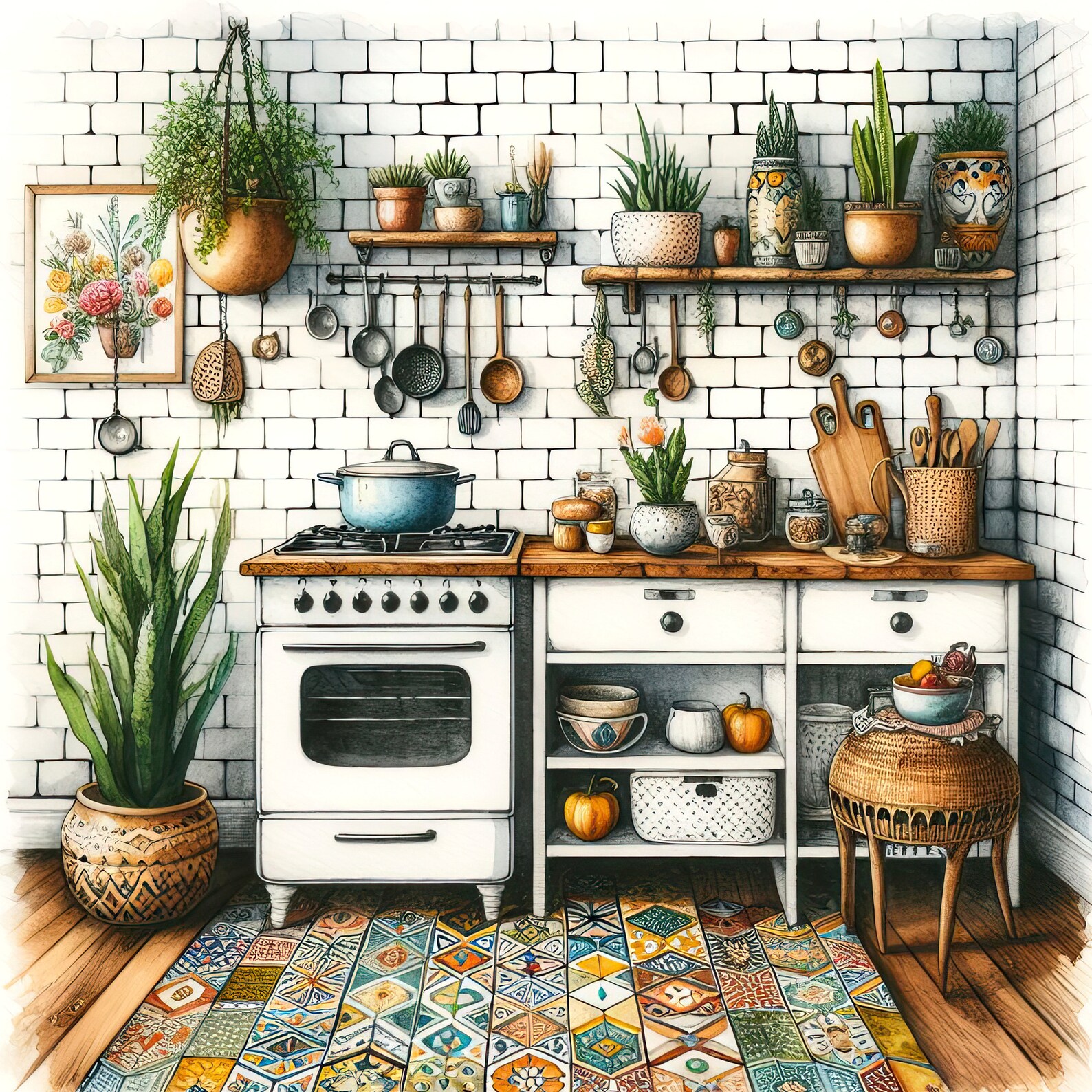 Watercolor Boho Kitchen Clipart Kitchen Vintage Clip Art Watercolor ...