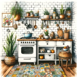 May include: A white kitchen with a white stove, wooden cabinets, and a tiled floor. The kitchen is decorated with plants, pots, and other kitchen items.