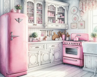 Watercolor Shabby Chic Retro Kitchen Clipart Pink Kitchen Vintage Clip Art Watercolor Clipart Bundle Digital Download Printable Wall Art
