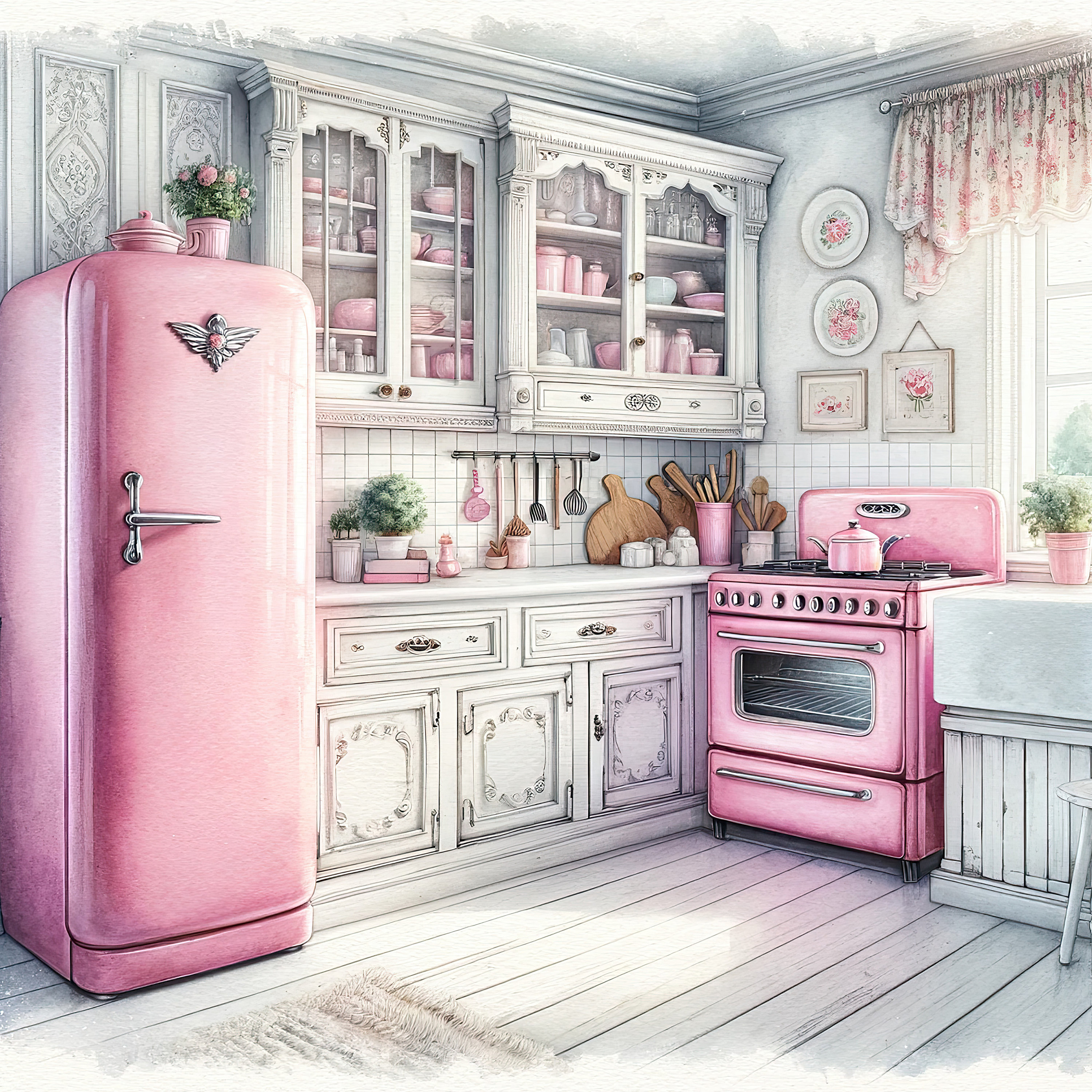 Watercolor Shabby Chic Retro Kitchen Clipart Pink Kitchen Vintage Clip ...