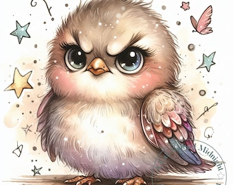 12 Quirky Grumpy Bird Clipart JPG Silly Goofy Birds Clip Art Bundle Nursery Wall Art Digital Download Images Angry Mad Birds