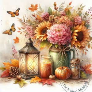Pode incluir: Ilustração em aquarela de uma natureza morta outonal. Apresenta girassóis, flores cor-de-rosa, abóboras, velas e uma lanterna. Duas borboletas laranja e folhas de outono adicionam ao ambiente. Estética rústica e acolhedora.