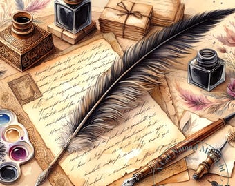 Vintage briefpapier en ganzenveer clipart 12 aquarel boekenliefhebber illustraties antieke pen en inkt clipartbundel digitale downloadafbeeldingen