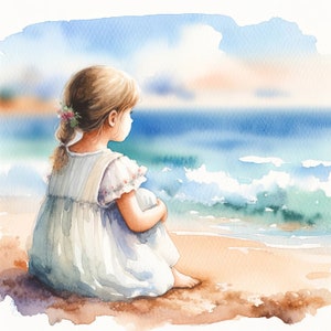 ビーチにいる小さな女の子の水彩画クリップアート 保育園のアート 水彩画クリップアートバンドル デジタルダウンロード 印刷可能な壁アート 水彩画